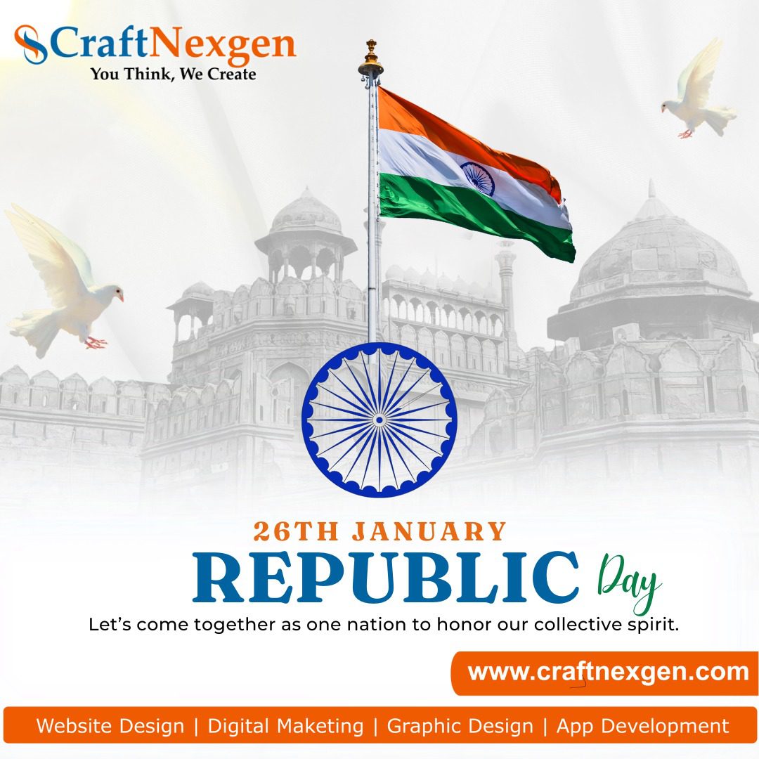 Celebrating Republic Day 26th January – Building a Strong Digital India with CraftNexgen India’s Republic Day, celebrated every year on 26th January, is a proud reminder of our nation’s democratic values, unity, and strength. On this historic day in 1950, the Constitution of India came into effect, empowering every citizen with rights, duties, and freedom. It is not just a national holiday—it is a celebration of India’s spirit, diversity, and progress. At CraftNexgen, we proudly honor this day by contributing to the vision of a Digitally Empowered India, where innovation, technology, and creativity drive growth for businesses across the country. 🇮🇳 The Spirit of Republic Day Republic Day symbolizes: Unity in diversity Democratic values Equality and justice Innovation and progress From grand parades to tricolor celebrations, this day reminds us of the responsibility we share in shaping India’s future. In today’s era, that responsibility also includes embracing digital transformation. 💡 CraftNexgen: Empowering Businesses in Digital India In a rapidly evolving digital landscape, businesses need strong online identities to compete and grow. CraftNexgen is a leading IT company dedicated to helping startups, SMEs, and enterprises build powerful digital solutions that align with India’s growth story. 🚀 Our Core Services Website Design & Development – Modern, responsive, and high-performance websites Digital Marketing & SEO – Result-driven strategies for better visibility and growth Graphic Design – Creative branding, banners, and marketing designs App Development – Scalable mobile and web applications Custom IT Solutions – Tailored technology for business success We believe that innovation is the backbone of a strong nation—and technology is the tool that turns ideas into reality. 🌐 Digital Transformation: The New Freedom for Businesses Just as the Constitution gave freedom to citizens, digital platforms give freedom to businesses: Freedom to reach global audiences Freedom to build strong brands Freedom to grow without boundaries CraftNexgen proudly supports this digital revolution by delivering affordable, scalable, and future-ready IT solutions across India. 🤝 Our Commitment to the Nation On this Republic Day, we renew our commitment to: Supporting Indian entrepreneurs Promoting innovation and creativity Delivering ethical and quality IT services Contributing to a stronger Digital India We don’t just build websites—we build digital foundations for success. 🇮🇳 Republic Day Message from CraftNexgen “Let us celebrate the pride of being Indian and work together to create a nation powered by ideas, innovation, and integrity.” May this Republic Day inspire us all to move forward with confidence, unity, and vision. 📞 Get in Touch with CraftNexgen 🌐 Website: www.craftnexgen.com 📞 Contact: +91 7666994095 / +91 9450207507 CraftNexgen – You Think, We Create.
